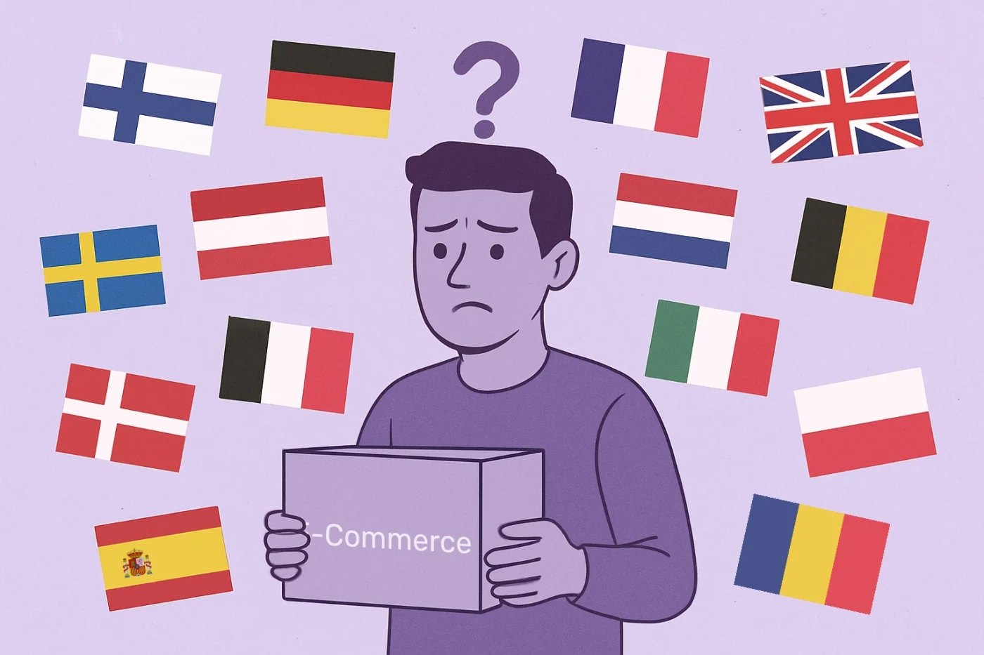 Illustration of man holding an e-commerce box sourrounded by flag representing the transition towards multi-language