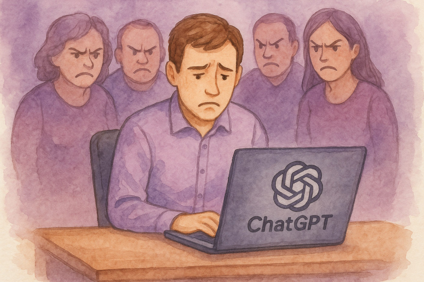 waterpainting color of chatgpt making mistakes and people being angry and disappointed