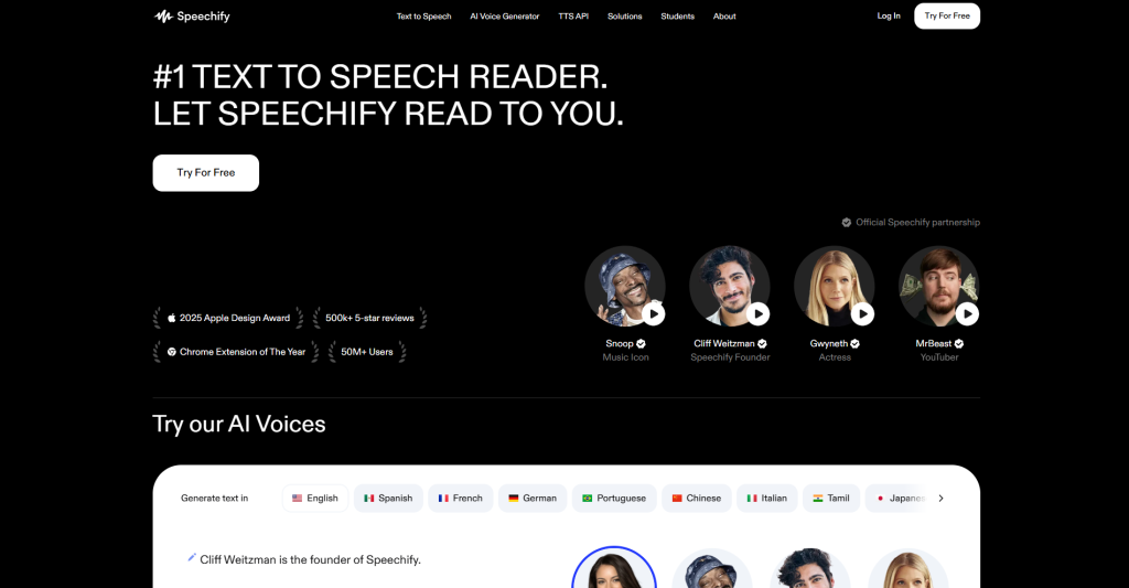 Homepage of Speechify