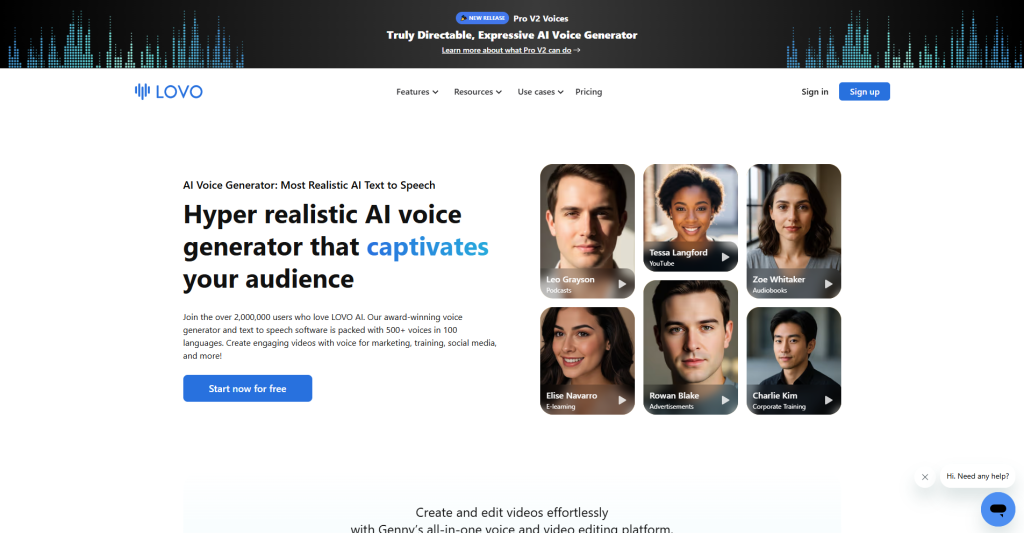 Homepage of LOVO AI, a text-to-speech app