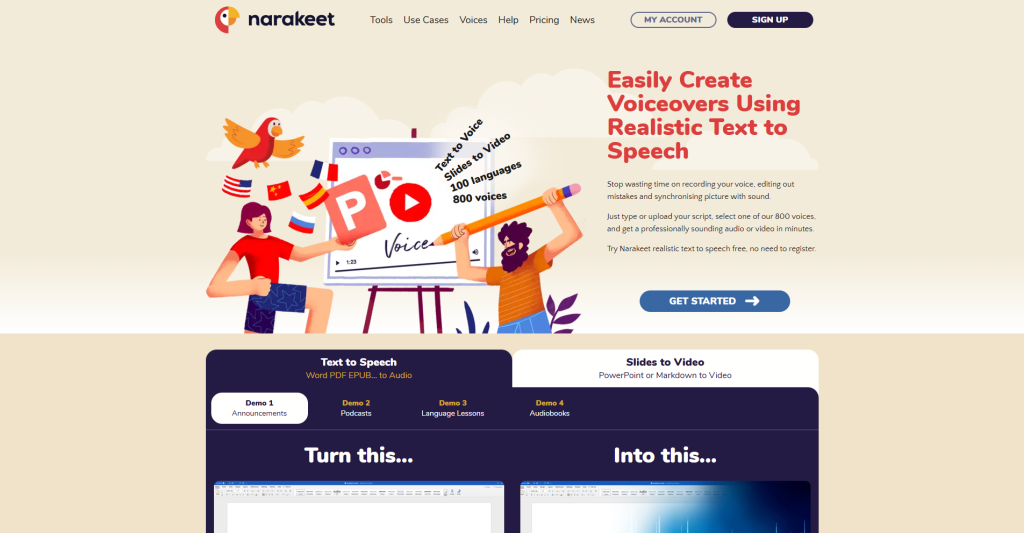 Homepage of a text to speech AI app called Narakeet