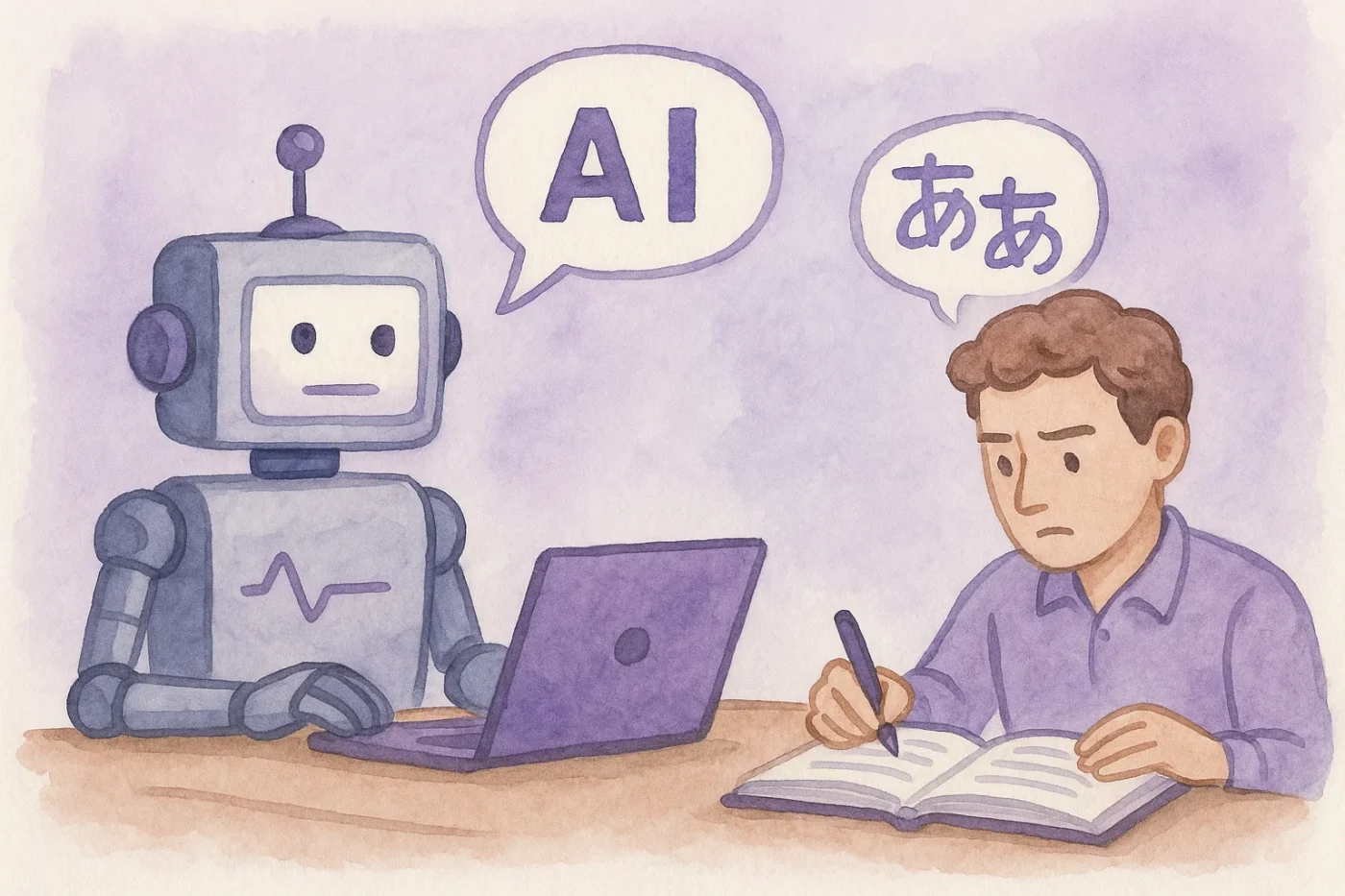 Illustration of ai translator sitting at a table with a human translator