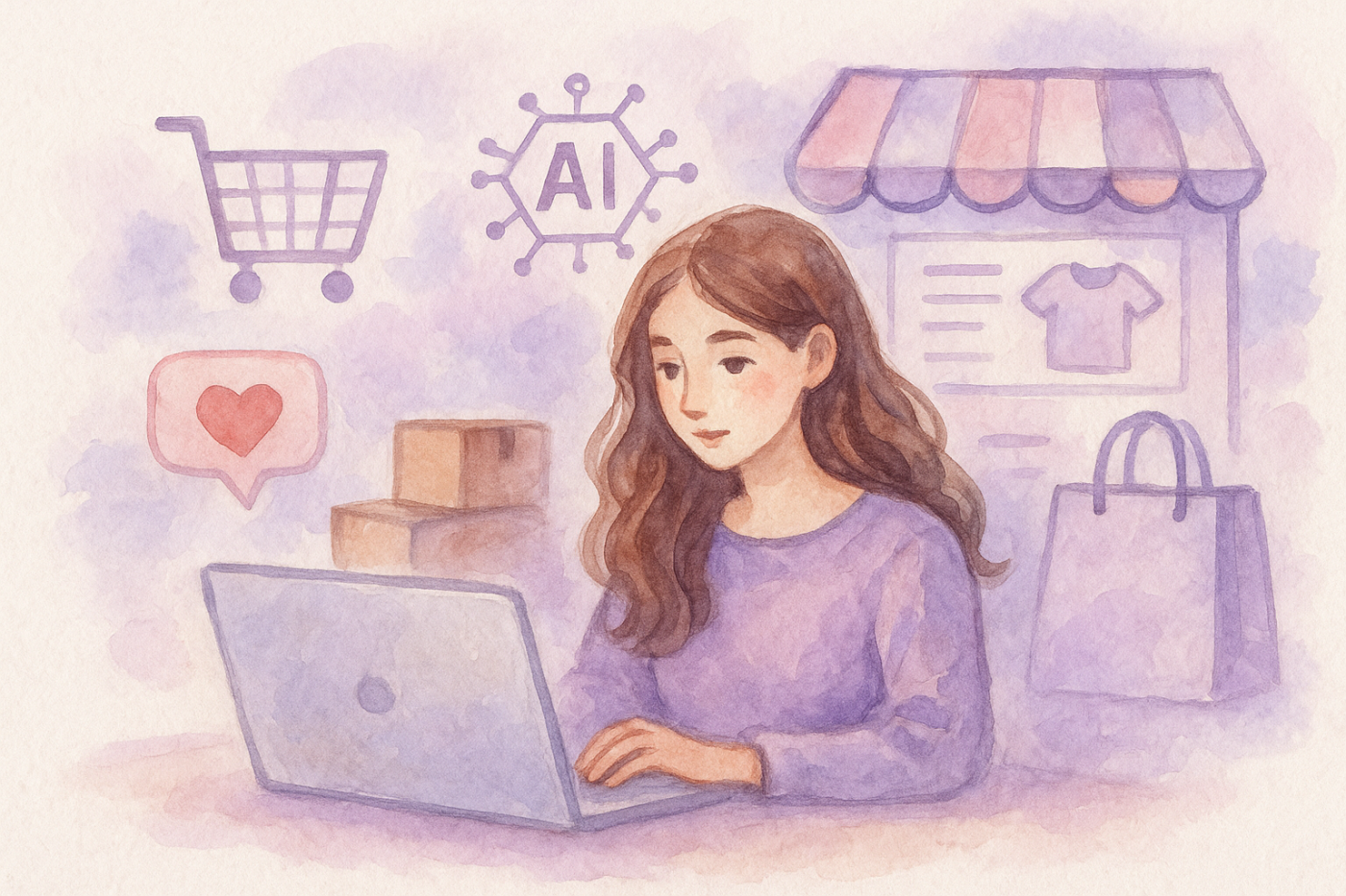 illustration of ai ecommerce tools being used by a lady