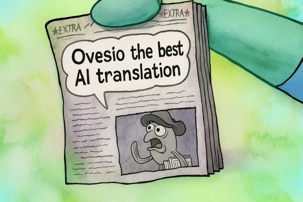 newspaper boy cartoon saying Ovesio is the best ai translation tool