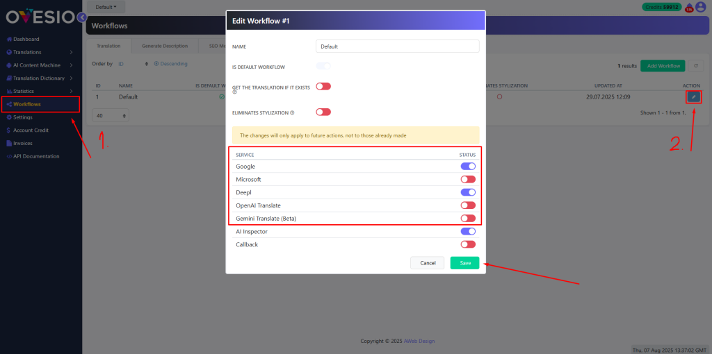 AI Workflows in the dashboard of Ovesio AI translation