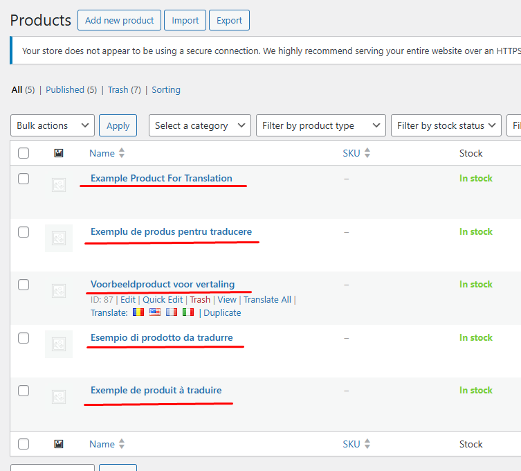 Example of translated products using the Ovesio AI translation tools
