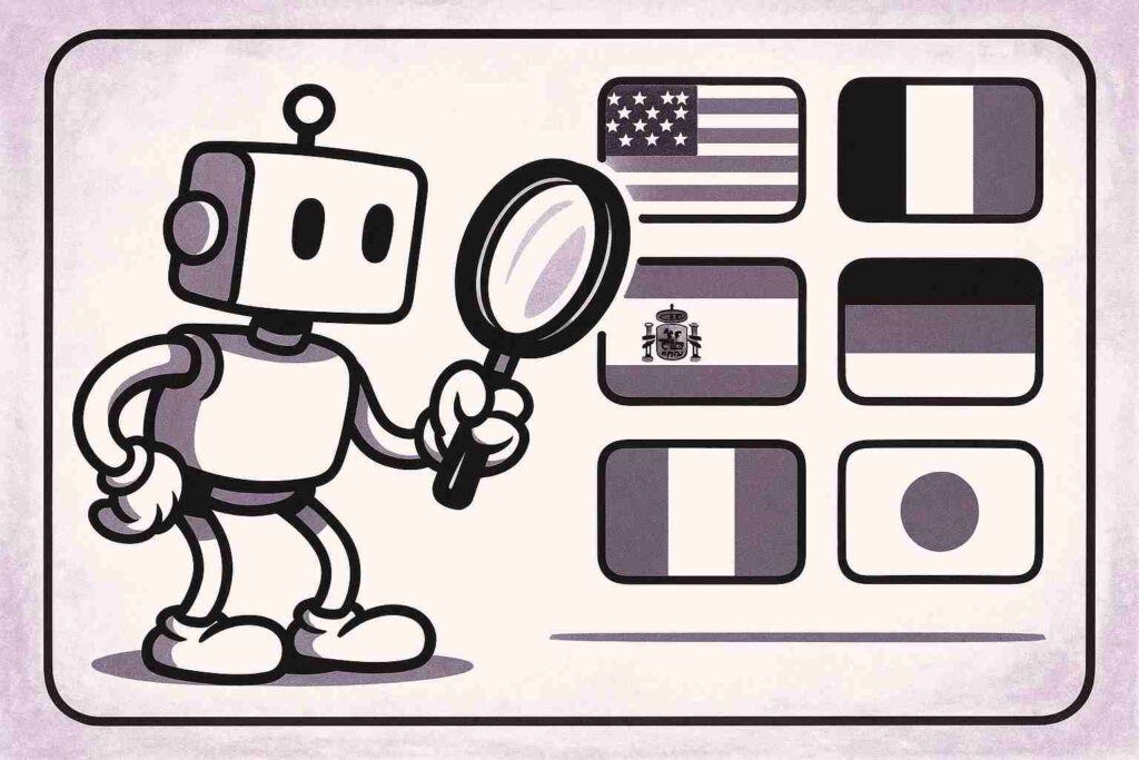 illustration of robot looking at country flags using a magnifier glass