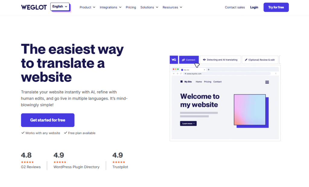 screenshot of the weglot homepage showing the header, hero section and some stats