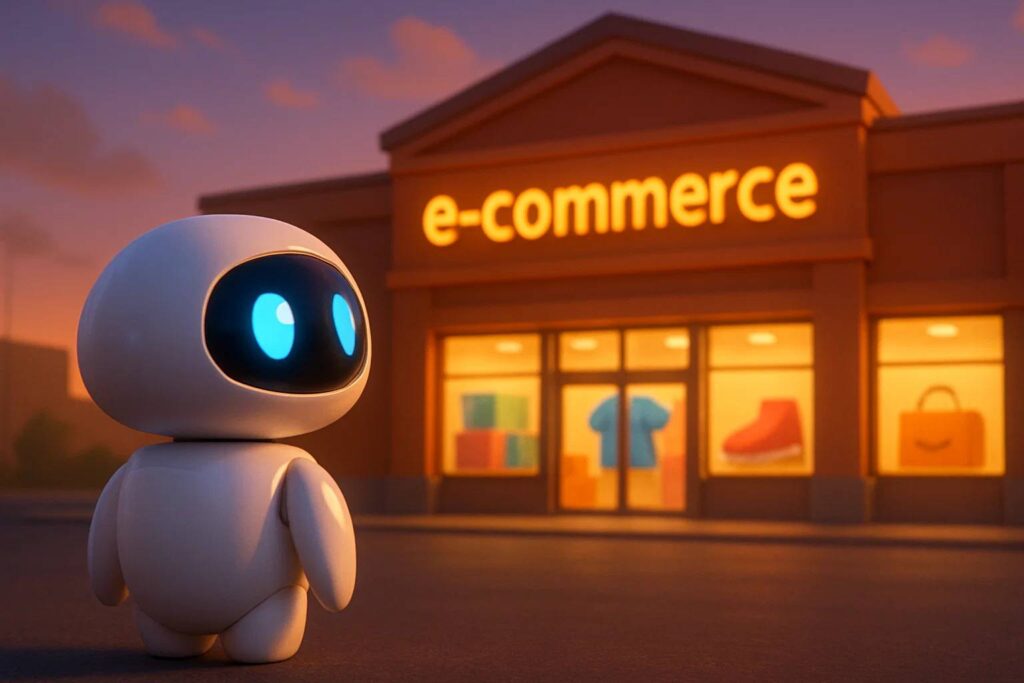 illustration of an ai description for e-commerce robot in front of a huge store