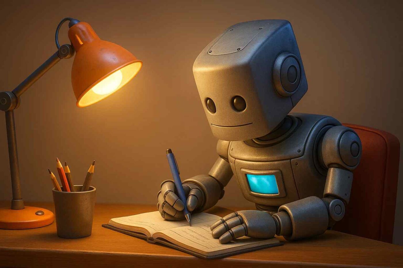 Illustration of a robot that is an ai description generator writing with a pen on a notebook at the light of a lamp