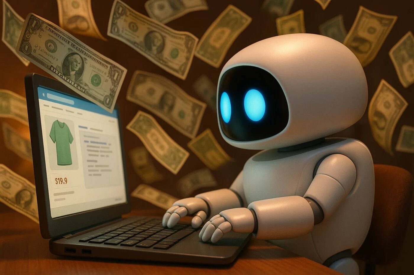 image of an ai product description robot writing on a keyboard and money flying around it