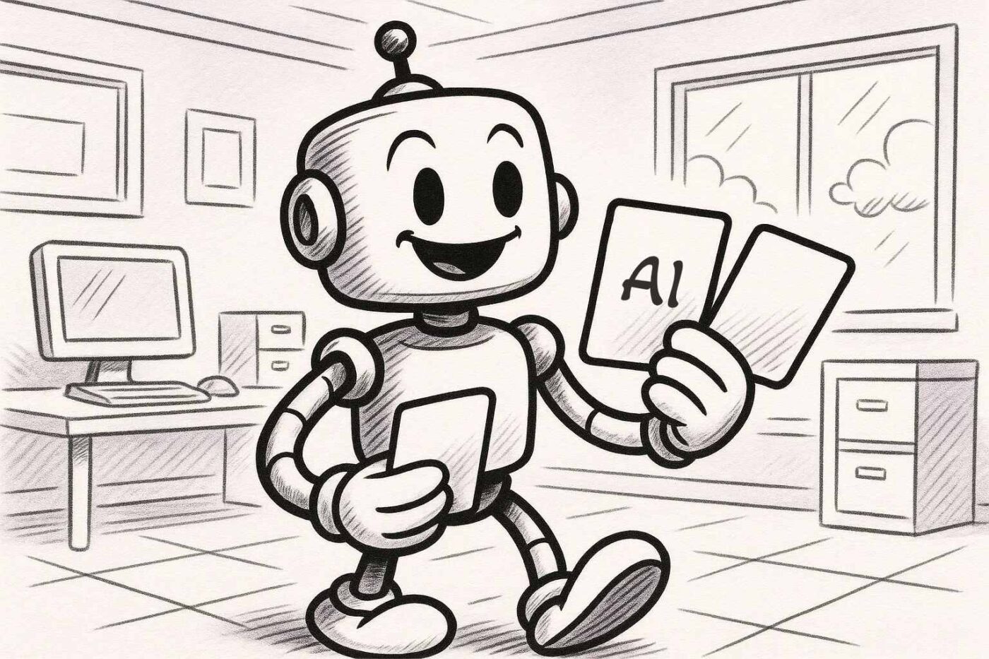 AI robot looking at cards with ai translation services
