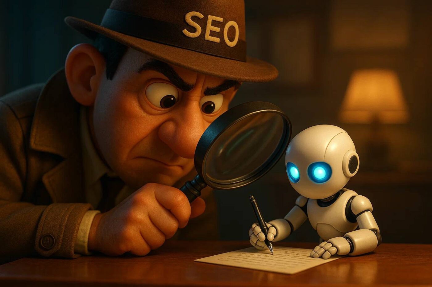 Illustration of a detective looking at an AI description generator
