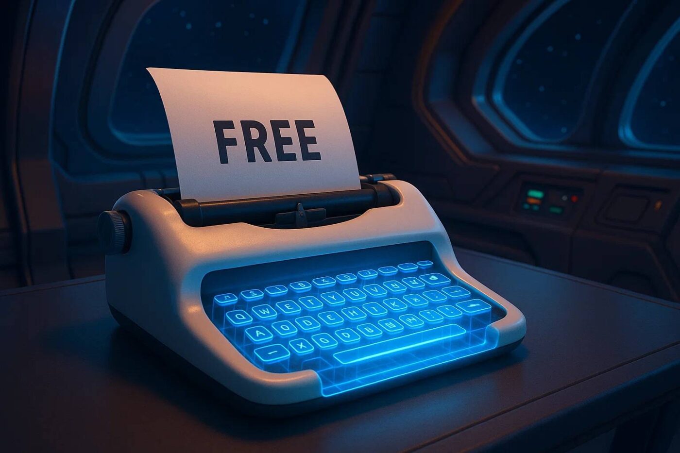 Illustration of a futuristic typewriter with a laser holographic keyboard representing the best ai description generator for free