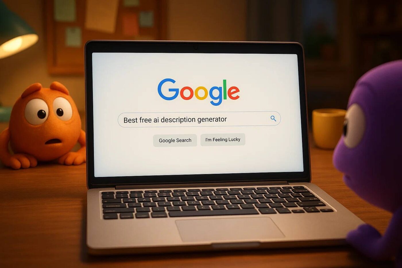 illustration of a laptop with google open and it searcher for the best free ai description generators