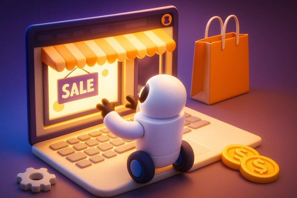 Illustration of a robot rolling slowly towards an e-commerce store