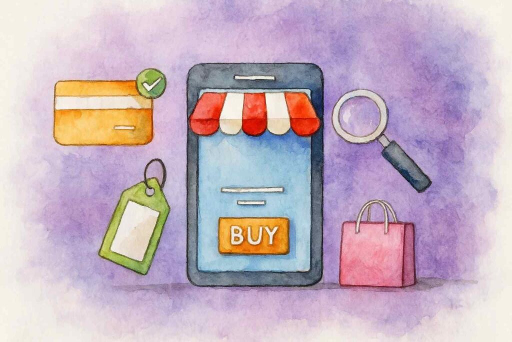 Illustration of E-commerce store on mobile phone with card, tag and bag around it