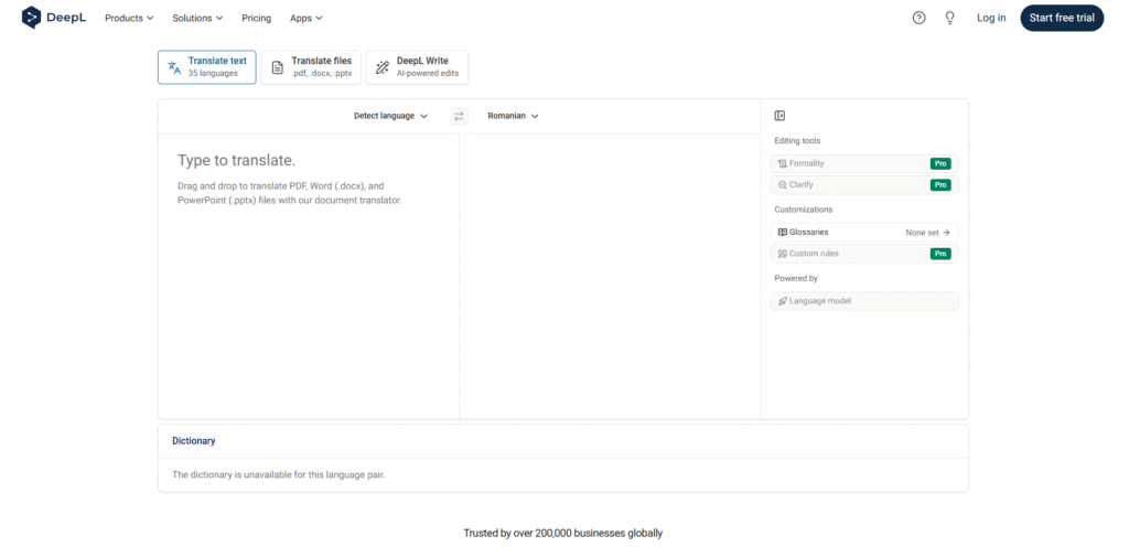 screenshot of the deepl ai translation service dashboard