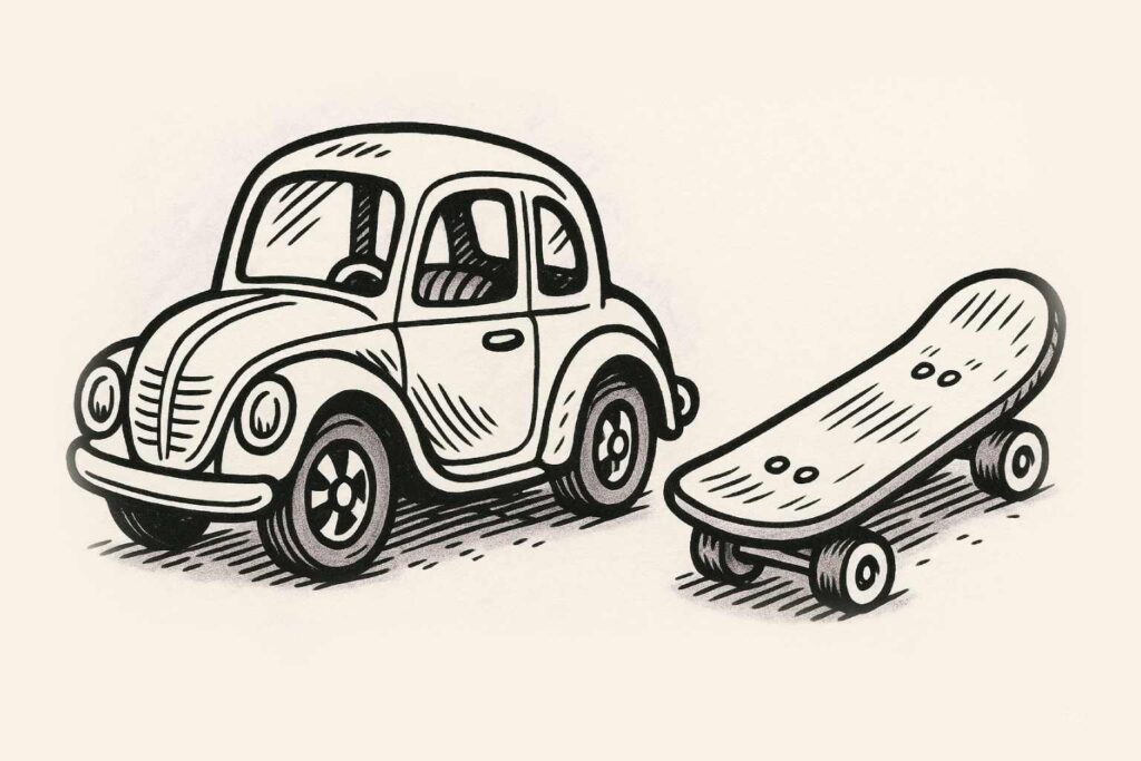 sketch of skateboard and car metaphor between ai llm translation and nmt