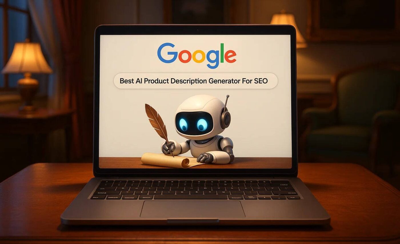 Image of a laptop in an elegant room, with Google search on the screen searching for Best AI Product Description Generator For SEO, and a robot with a feather writing on a scroll at the bottom of the page