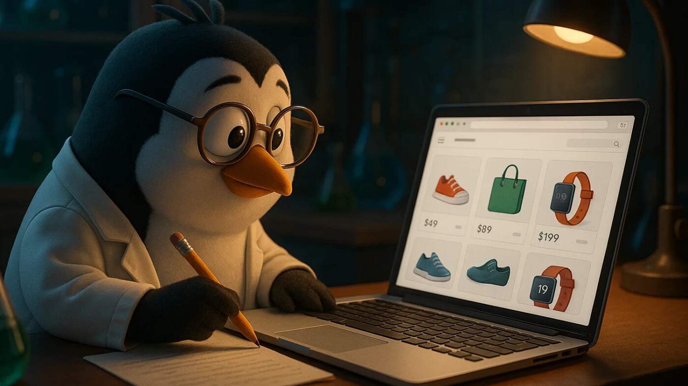 Image of a penguin scientists writing on paper after looking at a laptop with an E-Commerce store on the screen