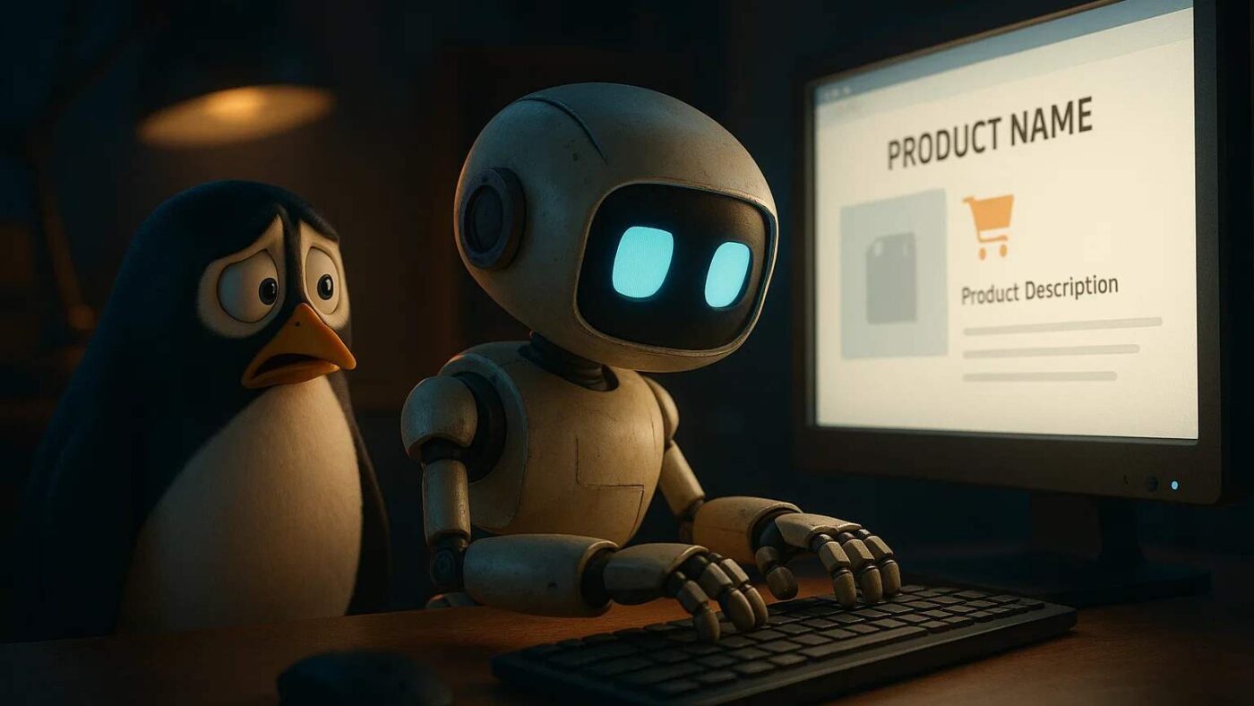 Scared penguin store manager looking ai at product description generator