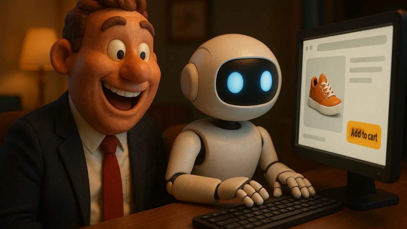 Happy manager looking at ai product description generator