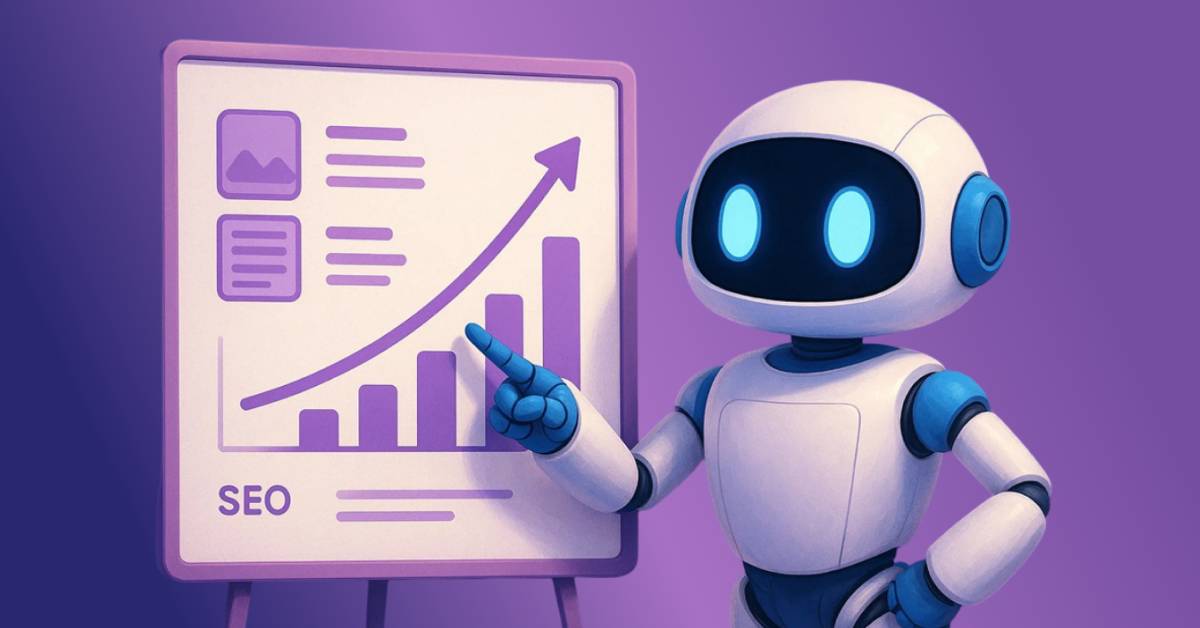 Image of an ai product description generator robot pointing to a chart showing SEO results going up