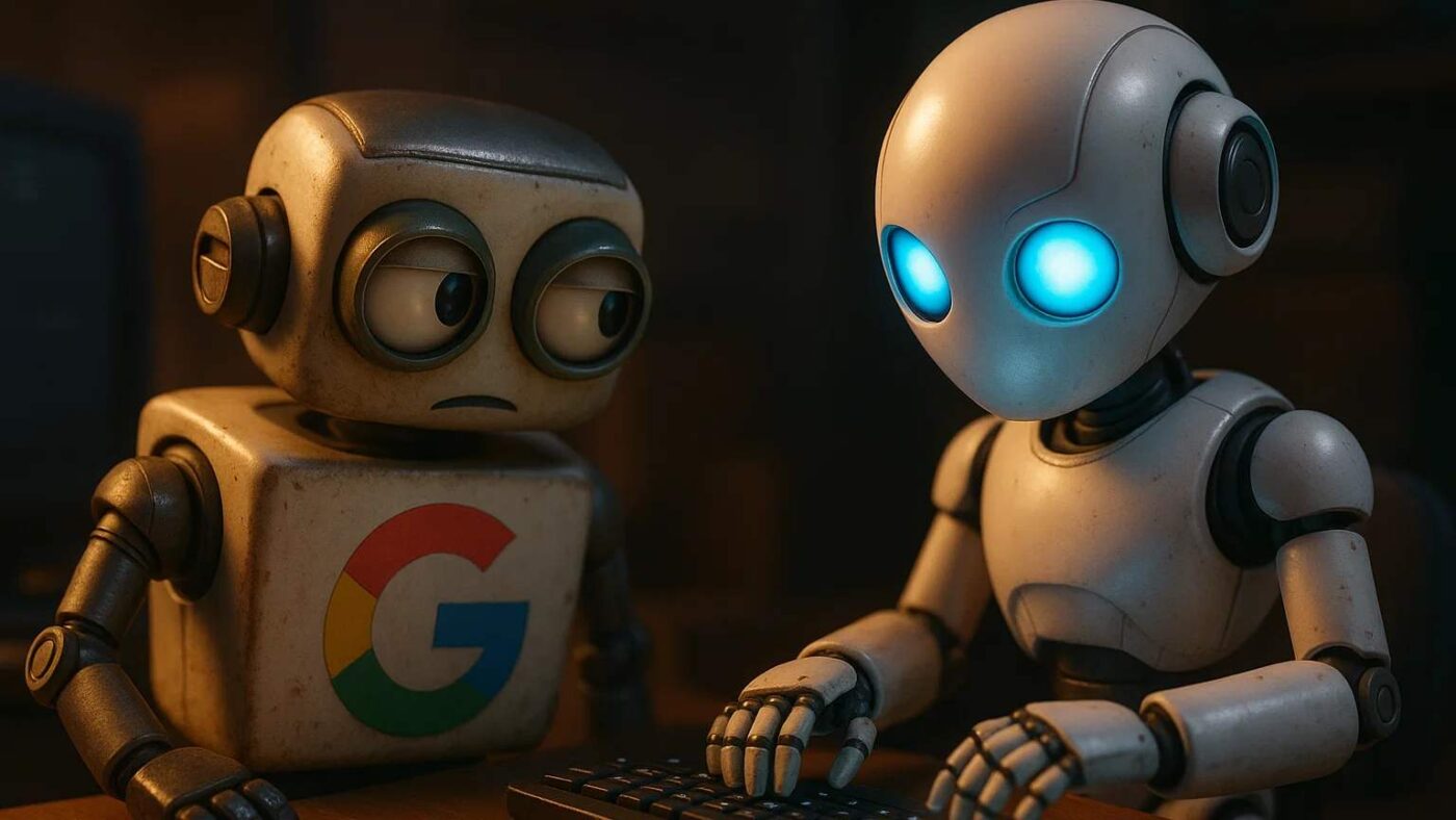 Google AI Robot looking at an AI Description Generator robot typing on a keyboard