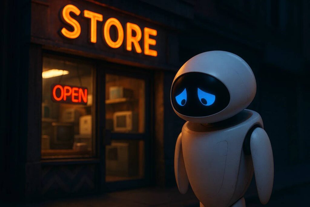 sad ai robot in front of a store
