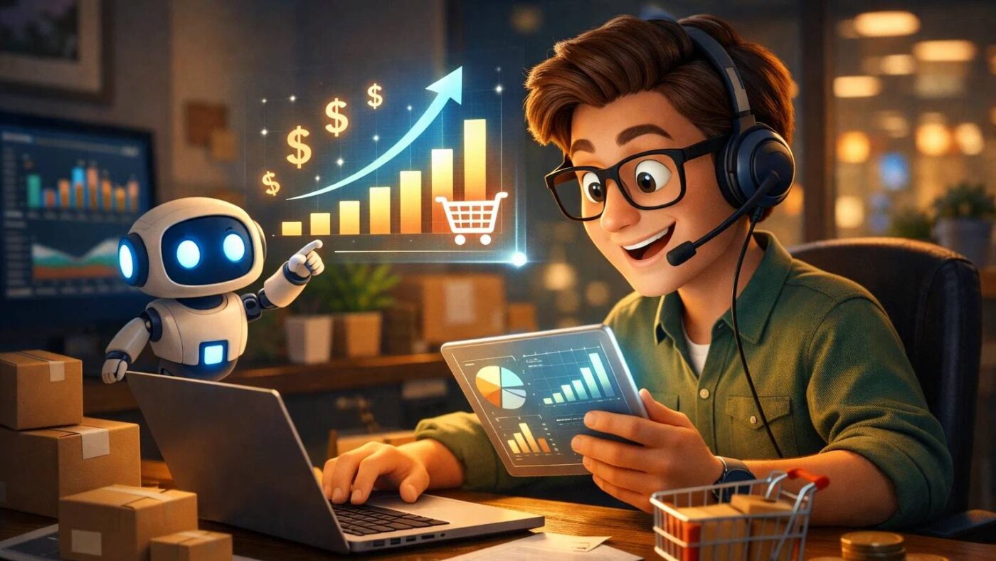 ai ecommerce robot and guy in a room of an ecommerce store